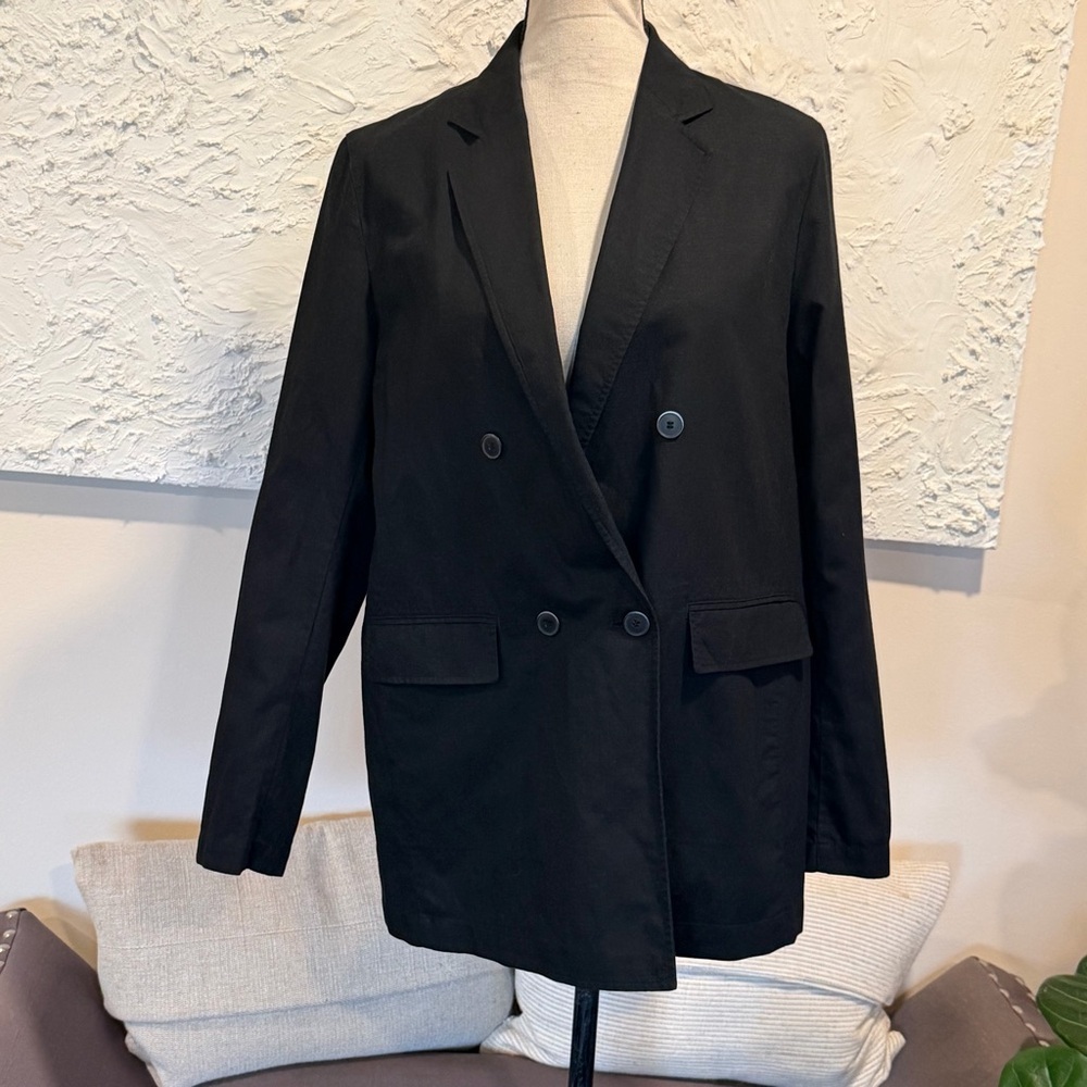 UNIQLO Women's Linen Blend Blazer Black Double Breasted Preppy Boyfriend Sz M